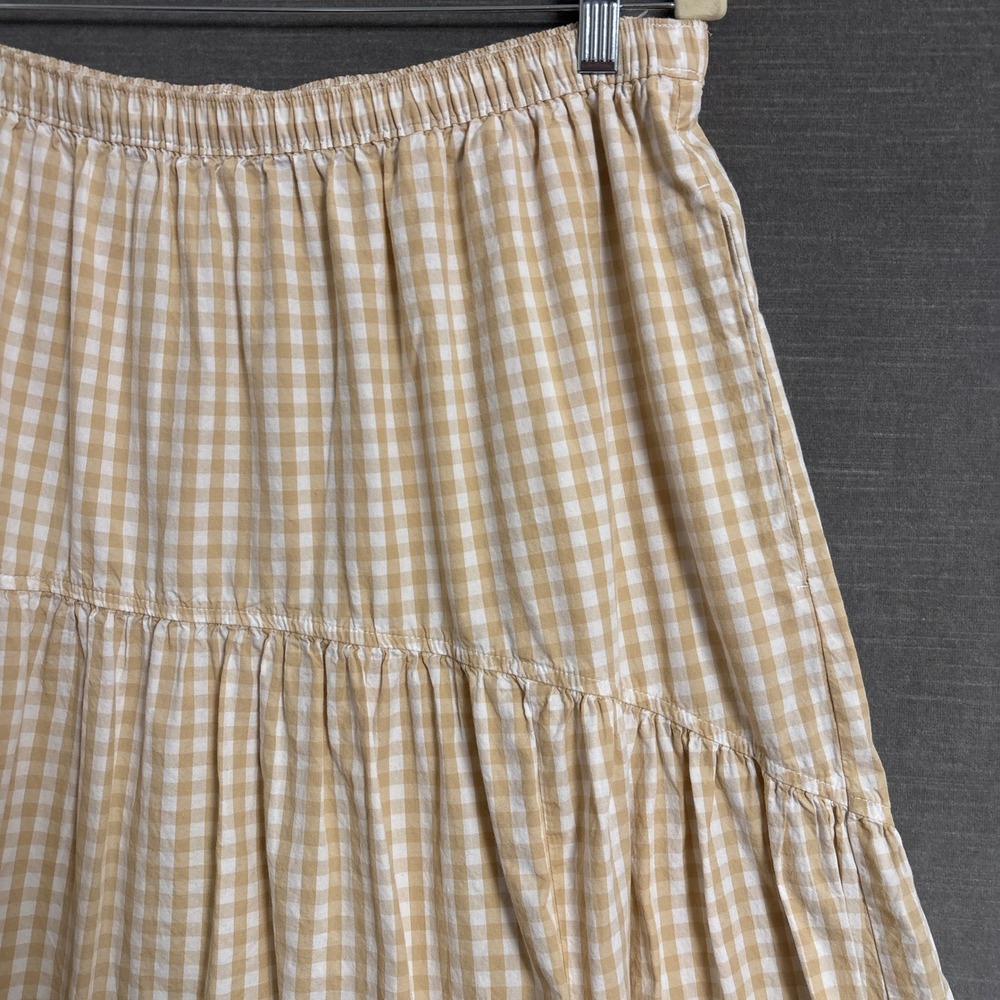 Old Navy Skirt XL Tan Gingham Cotton Curved Tiered Midi Preppy Summer Casual - Picture 2 of 9